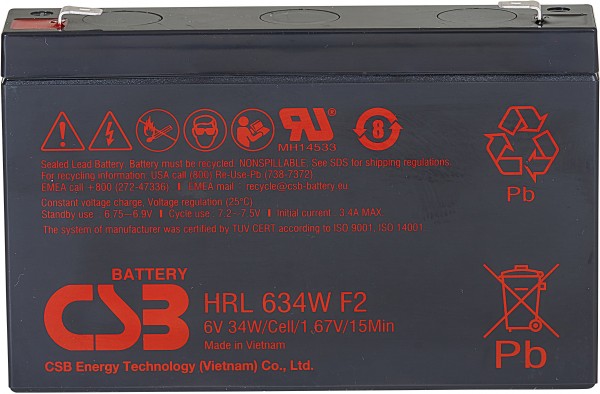 Батарея CSB серия HRL, HRL634W F2 FR, напряжение 6В, емкость 8.5Ач (разряд 20 часов), 34 Вт/Эл при 15-мин. разряде до U кон. - 1.67 В/Эл при 25 °С, макс. ток разряда (5 сек.) 130А, ток короткого замыкания 380А, макс. ток заряда 3.4A, свинцово-кислотная ти