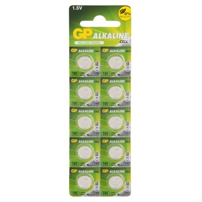Алкалиновые пуговичные батарейки GP 191A - 10 шт., каждая в своем отрывном блистере GP 4891199015526