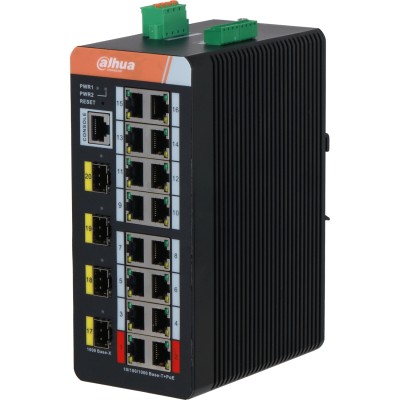 16-портовый гигабитный управляемый коммутатор с PoE промышленное исполнение, Порты: 16 RJ45 10/100/1000Мбит/с (PoE/PoE+/Hi-PoE/IEEE802.3bt) 4 SFP 1000Мбит/с (uplink); мощность PoE: порты 12 до 90Вт 316 до 30Вт суммарно до 240Вт; PoE watchdog до 250 Dahua 