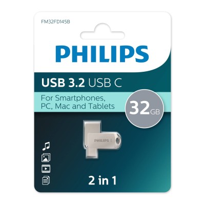Флеш накопитель 32Gb PHILIPS 2-in-1 USB 3.2 USB C, OTG, USB 3.2/Type-C, Металл, 100 MB/s