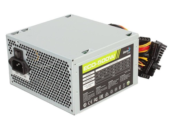 Блок питания 500W AeroCool ECO-500W (500W, ATX v12 2.3, 20+4P, 4P, PCIe 6+2P x1, PATA x2, SATA x3, FDDx1, fan 12cm)Ret