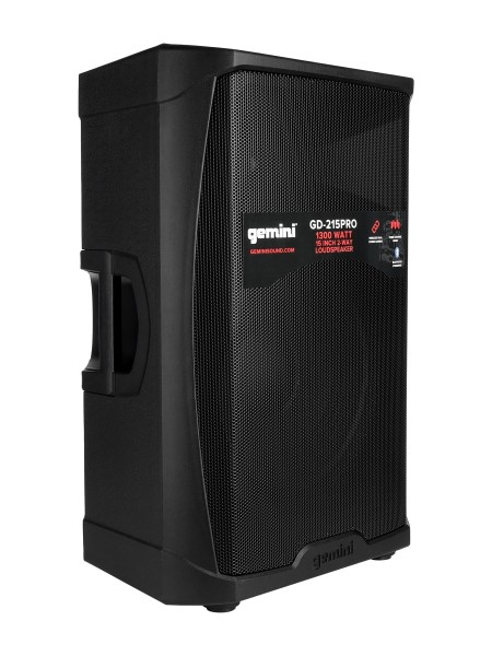 Акустическая система Gemini [GD-215PRO] Активная, 2-х полосная, мощность RMS/Peak 280/1300 Вт, Max Peak SPL 120 Вт, динамики: 15" НЧ, 1,35" ВЧ, входы: 1/8 TRS AUX, 2x 1/4" TRS, 2x XLR, 2x RCA AUX, выходы: XLR Mix Out, Bluetooth, микрофон