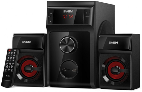 SVEN MS-302, черный, акустическая система 2.1, мощность (RMS): 20 Вт + 2x10 Вт, FM-тюнер, USB/SD, дисплей, ПДУ SVEN MS-302