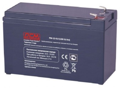 Батарея, напряжение 12В, емкость 9А*ч, макс. ток разряда 45А, макс. ток заряда 2.7А, свинцово-кислотная типа AGM, тип клемм T2(250)/T1(187) Powercom PM-12-9.0