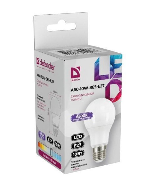 Defender Лампочка светодиодная A60-10W-865-E27 груша, 6500 К, холодный дневной, 1 шт.