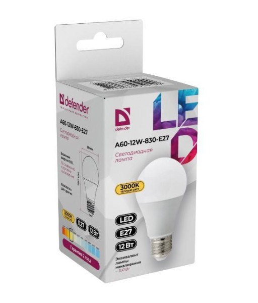 Defender Лампочка светодиодная A60-12W-830-E27 груша, 3000 К, теплый белый, 1 шт.