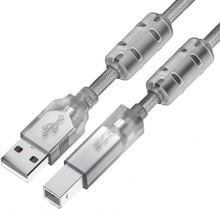 GCR Кабель PROF 5.0m USB 2.0, AM/BM, прозрачный, ферритовые кольца, 28/ ...