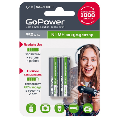 Аккумулятор предзаряженный RTU GoPower HR03 AAA BL2 NI-MH 950mAh (2/20/320) блистер (2 шт.) Аккумулятор предзаряженный RTU GoPower HR03 AAA (00-00018321)