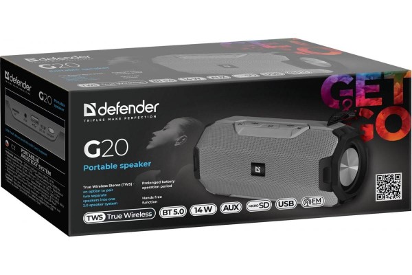 Defender Портативная акустика G20 серый, 14Вт, BT/FM/TF/USB/TWS