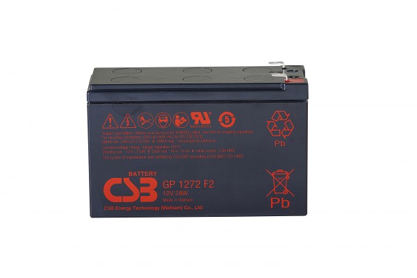 Батарея CSB серия GP, GP1272 (12V28W) , напряжение 12В, емкость 7Ач (разряд 20 часов), емкость 28 Вт/Эл при 15-мин. разряде до U кон. - 1.67 В/Эл при 25 °С, макс. ток разряда (5 сек.) 100А, ток короткого замыкания 304А, макс. ток заряда 2.8A, свинцово-кис