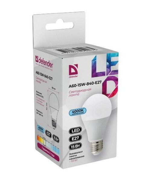 Defender Лампочка светодиодная A60-15W-840-E27 груша, 4000 К, нейтральный белый, 1 шт
