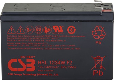Батарея CSB серия HRL, HRL1234W F2 FR, напряжение 12В, емкость 8.5Ач (разряд 20 часов), 34 Вт/Эл при 15-мин. разряде до U кон. - 1.67 В/Эл при 25 °С, макс. ток разряда (5 сек.) 130А, ток короткого замыкания 367А, макс. ток заряда 3.4A, свинцово-кислотная 