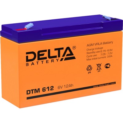 Батарея DELTA серия DTM, DTM 612, напряжение 6В, емкость 12Ач (разряд 20 часов),  макс. ток разряда (5 сек.) 150А, макс. ток заряда 3.45А, свинцово-кислотная типа AGM, клеммы F1, ДxШxВ 151х50х94мм., вес 1.7кг., срок службы 6 лет. Delta DTM 612 (6V / 12Ah)