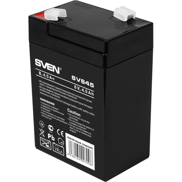 Батарея SVEN SV 645 (6V 4.5Ah), напряжение 6В, емкость 4.5А*ч, макс. ток разряда 67А, макс. ток заряда 1.35А, свинцово-кислотная типа AGM, тип клемм F1, Д/Ш/В 70/47/100, 0.8 кг Sven SV645 (6V / 4.5Ah)