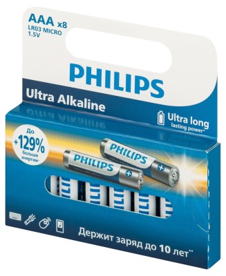 Philips Батарейки LR03E8W/51 ААА алкалиновые 1,5v, LR03-8BL Ultra (8/160/38400). Блистер 8 шт.