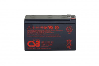 Батарея CSB серия GP, GP1272, напряжение 12В, емкость 7.2Ач (разряд 20 часов), макс. ток разряда (5 сек.) 100А, ток короткого замыкания 304А, макс. ток заряда 2.8A, свинцово-кислотная типа AGM, клеммы F1, ДxШxВ 150.9x64.8x98.6мм., вес 2.4кг., срок службы 