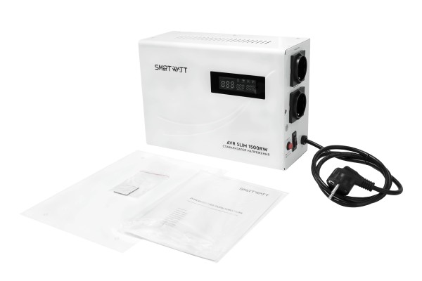 Настенный стабилизатор напряжения SMARTWATT AVR SLIM 1500RW (100W - 260W, 1500VA, 1.5 кВт, 50 Гц, розеток - 2, LED-диспл
