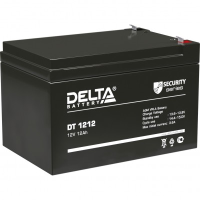 Батарея DELTA серия DT, DT 1212, напряжение 12В, емкость 12Ач (разряд 20 часов),  макс. ток разряда (5 сек.) 165А, макс. ток заряда 3.6А, свинцово-кислотная типа AGM, клеммы F2, ДxШxВ 151х98х94мм., вес 3.6кг., срок службы 5 лет. Delta DT 1212 (12V / 23Ah)