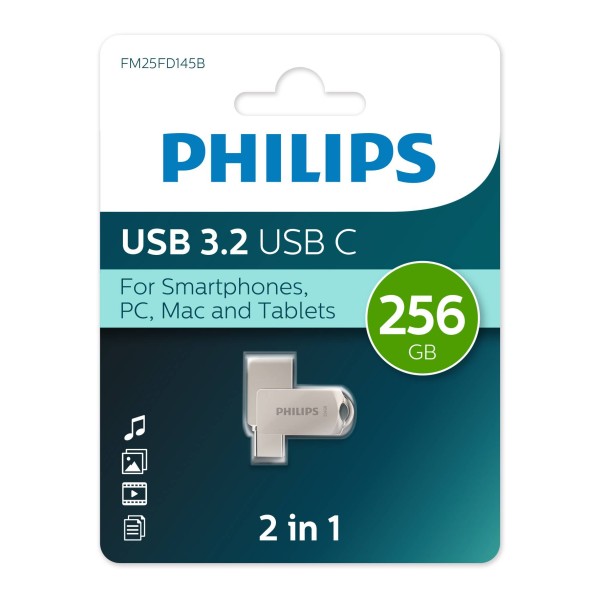 Флеш накопитель 256Gb PHILIPS 2-in-1 USB 3.2 USB C, OTG, USB 3.2/Type-C, Металл, 100 MB/s