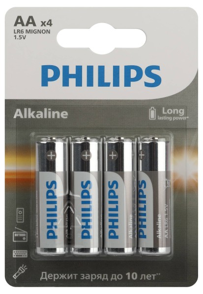 Philips Батарейки LR6A4B/51 АА алкалиновые 1,5v, LR6-4BL Entry (4/48/144/20160). Блистер 4 шт.