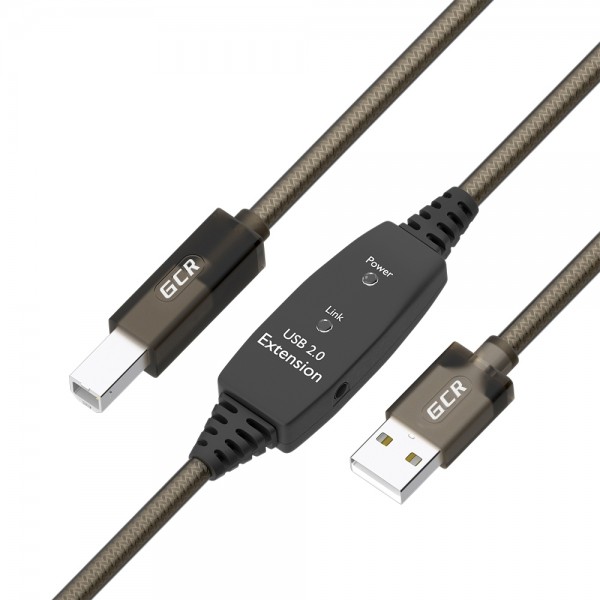 GCR Кабель активный 7.5m USB 2.0, AM/BM, черно-прозрачный, с усилителем сигнала, разъём для доп.питания, 28/24 AWG Greenconnect GCR-53782
