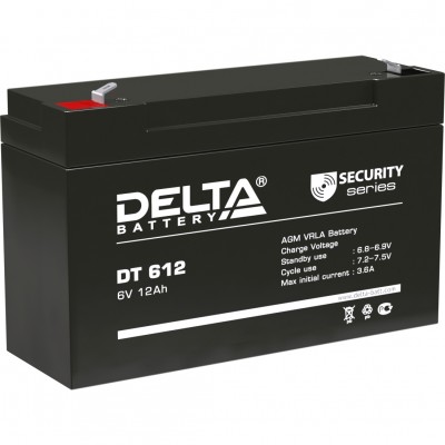 Батарея DELTA серия DT, DT 612, напряжение 6В, емкость 12Ач (разряд 20 часов),  макс. ток разряда (5 сек.) 150А, макс. ток заряда 3.6А, свинцово-кислотная типа AGM, клеммы F2, ДxШxВ 151х50х94мм., вес 1.6кг., срок службы 5 лет. Delta DT 612 (6V / 12Ah)