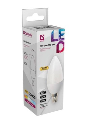 Defender Лампочка светодиодная C37-8W-830-E14 свеча, 3000 К, теплый белый, 1 шт.