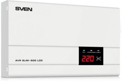Стабилизатор SVEN SLIM-500 LCD, релейный, 400вт, 500Ва, 140-260в, функция «пауза», 1 евророзетка, 2.35 кг SVEN AVR SLIM-500 LCD