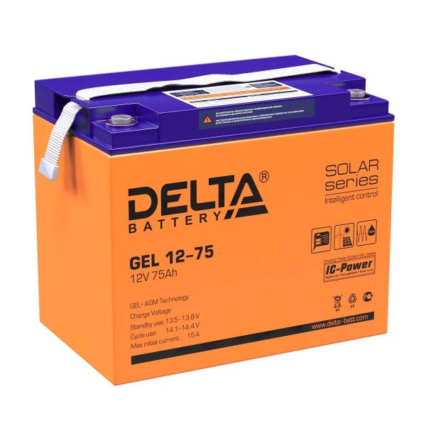 Аккумуляторная батарея Delta GEL 12-75 12В/75Ач, клемма Болт М6 (260х168х219мм (219мм); 23кг; Срок службы 10-12лет; Гара
