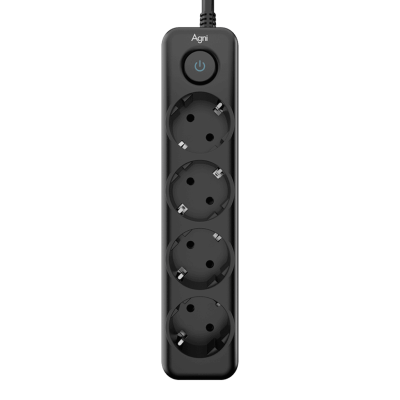 Cетевой фильтр AGNI плоский TP-FD4E-2m-black, 4 розетки Schuko, чёрный, кабель 2 метра, мощность нагрузки 4000 Вт, 16А, заземление, защита от короткого замыкания, сечение кабеля 3 х 1.5 кв.мм., размер 235x54x40 мм. AGNI TP-FD4E-2m-black