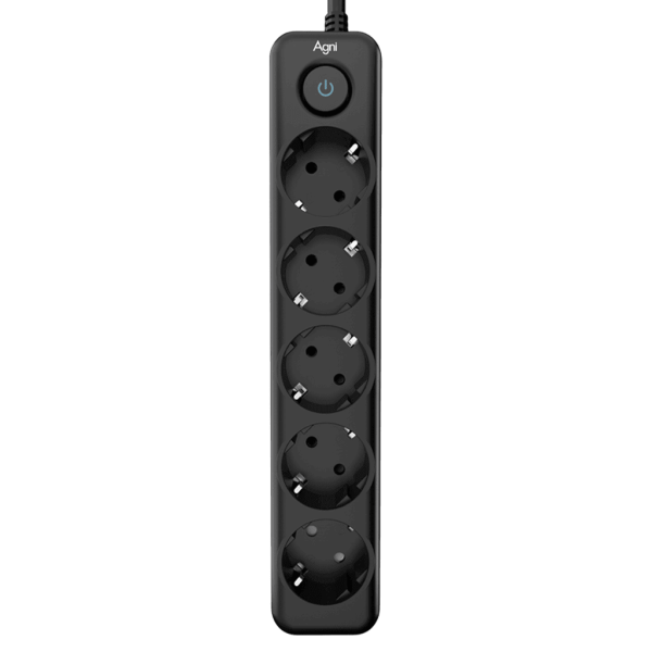 Cетевой фильтр AGNI плоский TP-FD5E-2m-black, 5 розеток Schuko, чёрный, кабель 2 метра, мощность нагрузки 4000 Вт, 16А, заземление, защита от короткого замыкания, сечение кабеля 3 х 1.5 кв.мм., размер 279x54x40 мм. AGNI TP-FD5E-2m-black