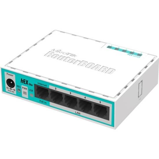 MikroTik RB750r2 Маршрутизатор hEX lite, 5 портов, LAN 4x100 Мбит/с, WAN 1x100 Мбит/с, питание Jack или PoE