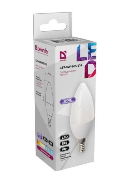Defender Лампочка светодиодная C37-8W-865-E14 свеча, 6500 К, холодный дневной, 1 шт.
