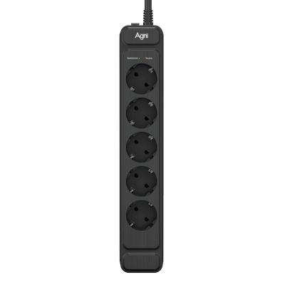 Сетевой фильтр AGNI плоский TP-FS5E-5m-black, 5 розеток Schuko, чёрный, кабель 5 метров, мощность нагрузки 4000 Вт, 16А, заземление, защита от короткого замыкания, сечение кабеля 3 х 1.5 кв.мм., размер 324x59x39 мм. AGNI TP-FS5E-5m-black