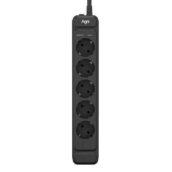 Сетевой фильтр AGNI плоский TP-FS5E-5m-black, 5 розеток Schuko, чёрный, кабель 5 метров, мощность нагрузки 4000 Вт, 16А, заземление, защита от короткого замыкания, сечение кабеля 3 х 1.5 кв.мм., размер 324x59x39 мм. AGNI TP-FS5E-5m-black
