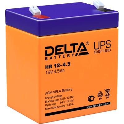 Батарея DELTA серия HR, HR 12-4,5, напряжение 12В, емкость 4.5Ач (разряд 20 часов),  макс. ток разряда (5 сек.) 67.5А, макс. ток заряда 1.35А, свинцово-кислотная типа AGM, клеммы F1, ДxШxВ 90х70х101мм., вес 1.75кг., срок службы 8 лет. Delta UPS HR 12-4.5 