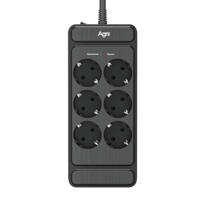 Сетевой фильтр AGNI плоский TP-FS6E-3m-black, 6 розеток Schuko, чёрный, кабель 3 метра, мощность нагрузки 4000 Вт, 16А, заземление, защита от короткого замыкания, сечение кабеля 3 х 1.5 кв.мм., размер 236х101х40 мм. AGNI TP-FS6E-3m-black