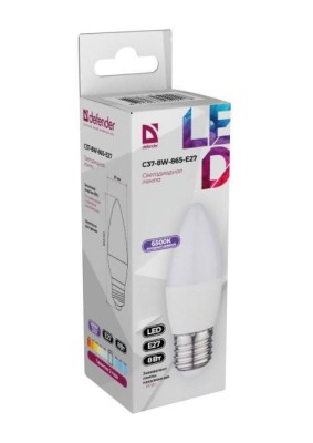 Defender Лампочка светодиодная C37-8W-865-E27 свеча, 6500 К, холодный дневной, 1 шт.