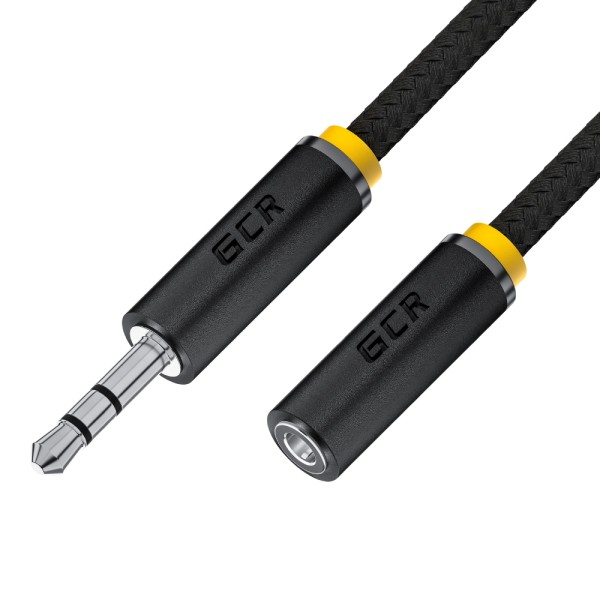 GCR Удлинитель аудио 1.5m jack 3,5mm/jack 3,5m нейлон, черный, желтая окантовка, ультрагибкий, 28 AWG, M/F, Premium GCR-STM8114-1.5m, экран, стерео Greenconnect GCR-STM8114, 1.5 м