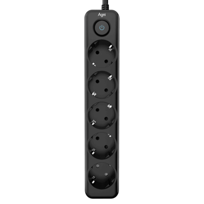 Cетевой фильтр AGNI плоский TP-FD5E-5m-black, 5 розеток Schuko, чёрный, кабель 5 метров, мощность нагрузки 4000 Вт, 16А, заземление, защита от короткого замыкания, сечение кабеля 3 х 1.5 кв.мм., размер 279x54x40 мм. AGNI TP-FD5E-5m-black