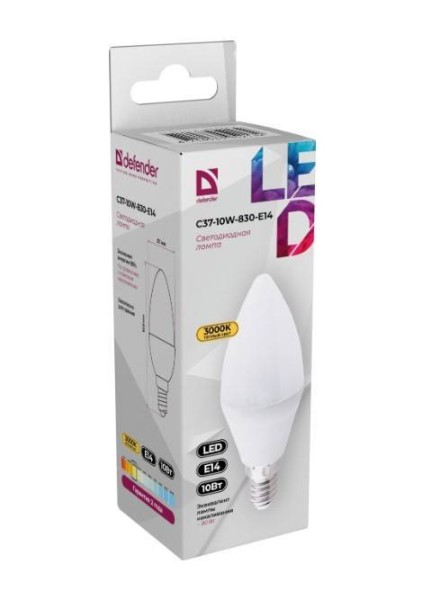 Defender Лампочка светодиодная C37-10W-830-E14 свеча, 3000 К, теплый белый, 1 шт.