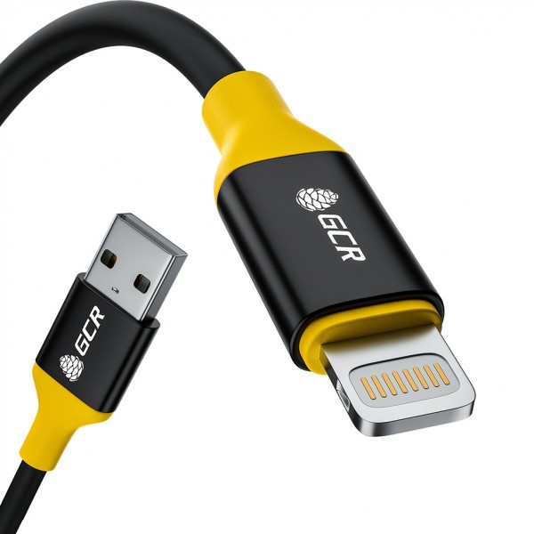 GCR Кабель 1.2m USB 2.0, AM/Lightning - поддержка всех IOS, MFI, черный, AL корпус черный, желтый ПВХ Greenconnect GCR-53078