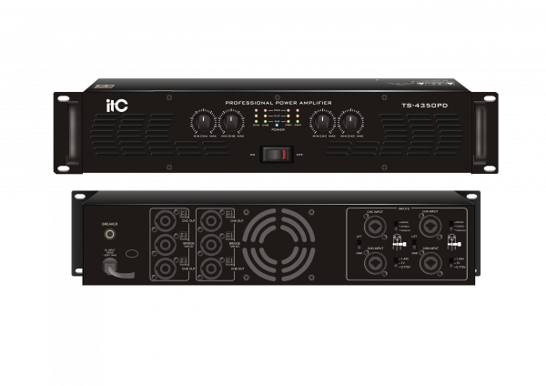Профессиональный стерео усилитель класса D, мощностью 4Х200Вт при 8 Ом, 4Х350Вт при 4 Ом, 2Х700Вт при 8 Ом в режиме моста, встроенный лимитер и фильтр верхних частот Guangdong BaoLun Electronics TS-4350PD