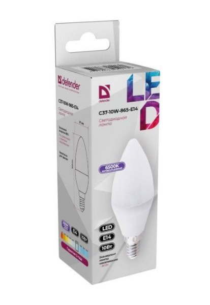 Defender Лампочка светодиодная C37-10W-865-E14 свеча, 6500 К, холодный дневной, 1 шт.
