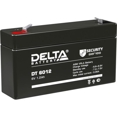 Батарея DELTA серия DT, DT 6012, напряжение 6В, емкость 1.2Ач (разряд 20 часов),  макс. ток разряда (5 сек.) 16.2А, макс. ток заряда 0.36А, свинцово-кислотная типа AGM, клеммы F1, ДxШxВ 97х24х51мм., вес 0.29кг., срок службы 5 лет. Delta DT 6012 (6V / 1.2A