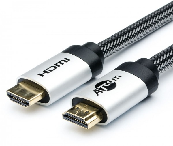 Кабель HDMI 2 м (HIGH speed, Metal gold, в чулке, в пакете) ATcom HDMI (m) - HDMI (m) 2 м
