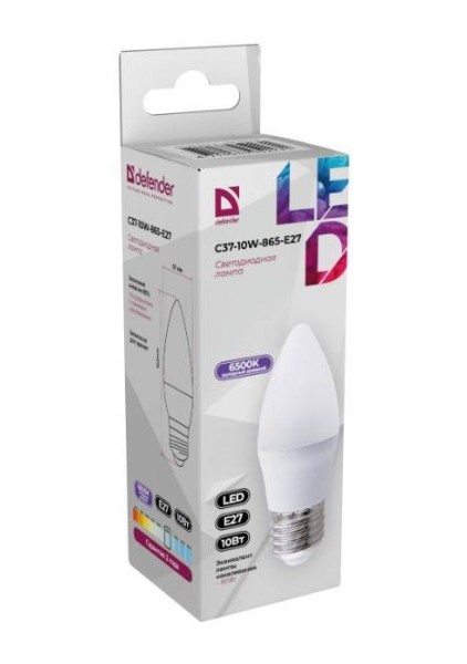 Defender Лампочка светодиодная C37-10W-865-E27 свеча, 6500 К, холодный дневной, 1 шт.