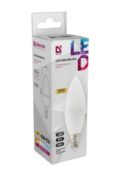 Defender Лампочка светодиодная C37-12W-830-E14 свеча, 3000 К, теплый белый, 1 шт.