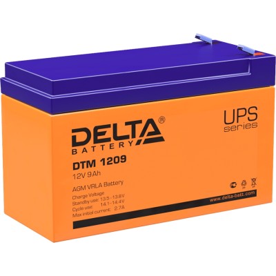 Батарея DELTA серия DTM, DTM 1209, напряжение 12В, емкость 9Ач (разряд 20 часов),  макс. ток разряда (5 сек.) 105А, макс. ток заряда 2.55А, свинцово-кислотная типа AGM, клеммы F2, ДxШxВ 151х65х94мм., вес 2.65кг., срок службы 6 лет. Delta UPS DTM 1209 (12V