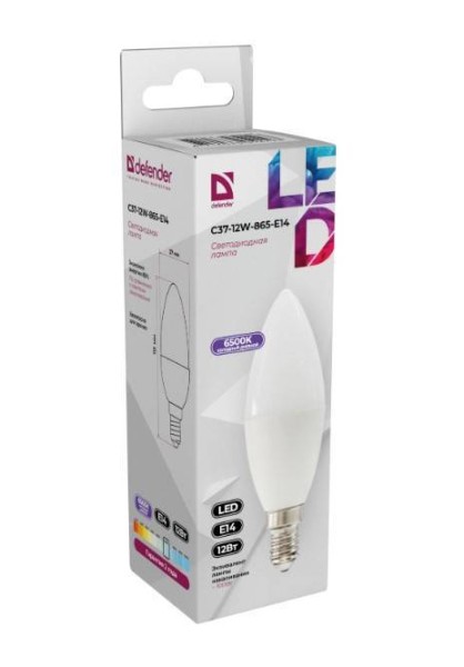 Defender Лампочка светодиодная C37-12W-865-E14 свеча, 6500 К, холодный дневной, 1 шт.